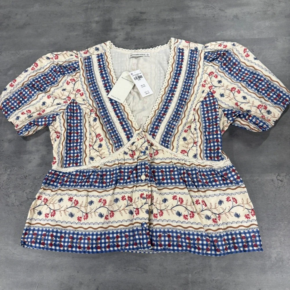 Abercrombie & Fitch Button Top L Puff Sleeve Babydoll Floral Gingham NEW $70